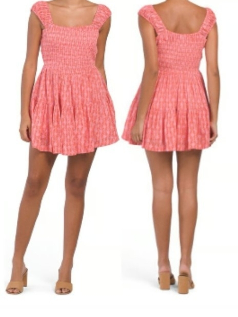 Free People Coral Pink Smocked Square-Neck Mini Dress. Size Small